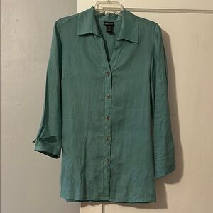 Rafaella Teal 3/4 Sleeve Notched Collar Linen Button Down, Size 10
